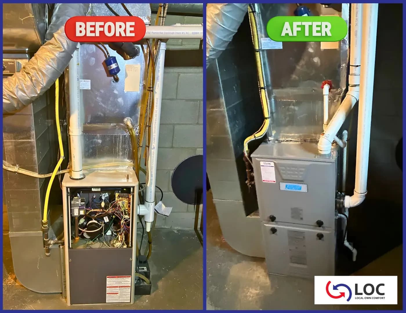 Before and after: aging furnace replaced with a high-efficiency upgrade