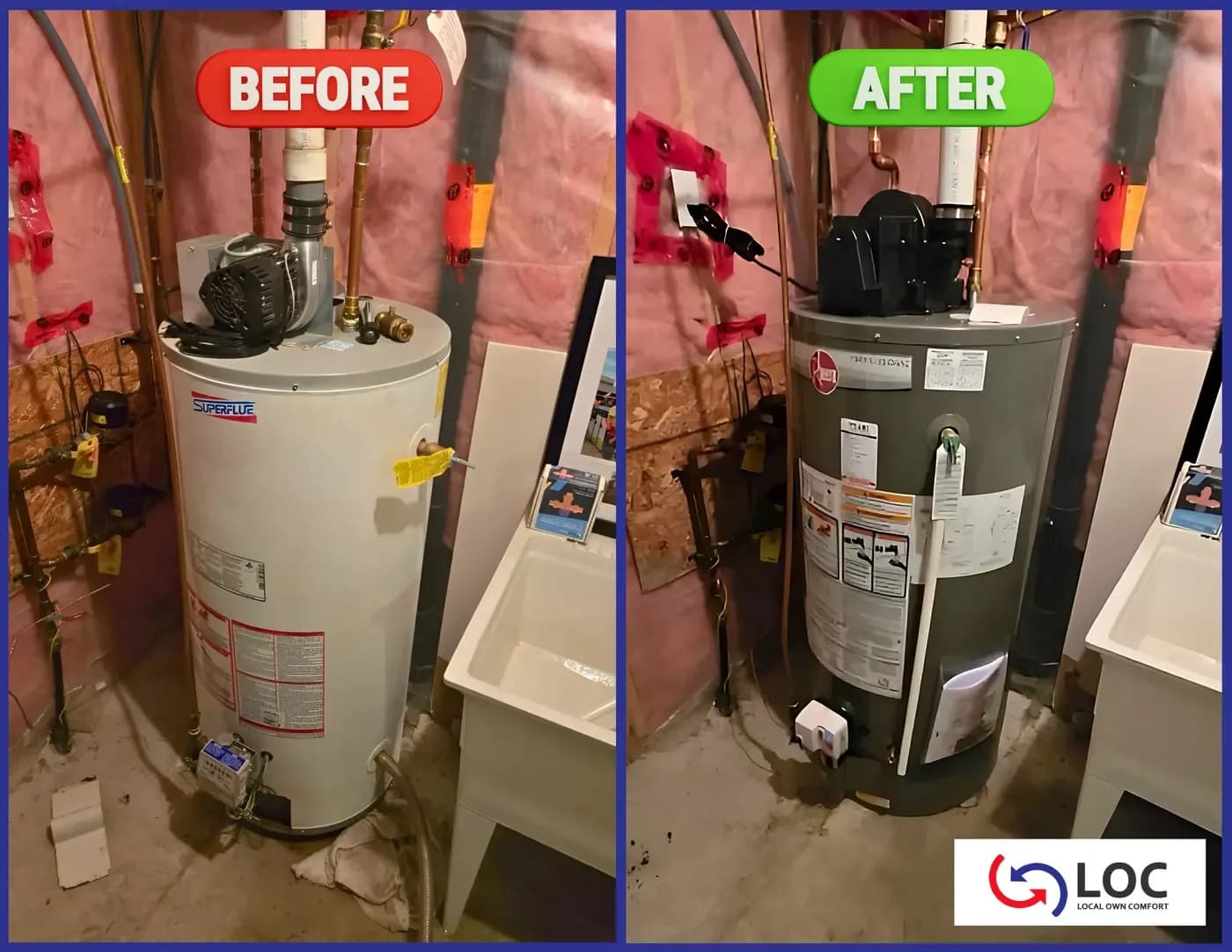 Before and after: failing hot water tank replaced with a reliable high-efficiency tank