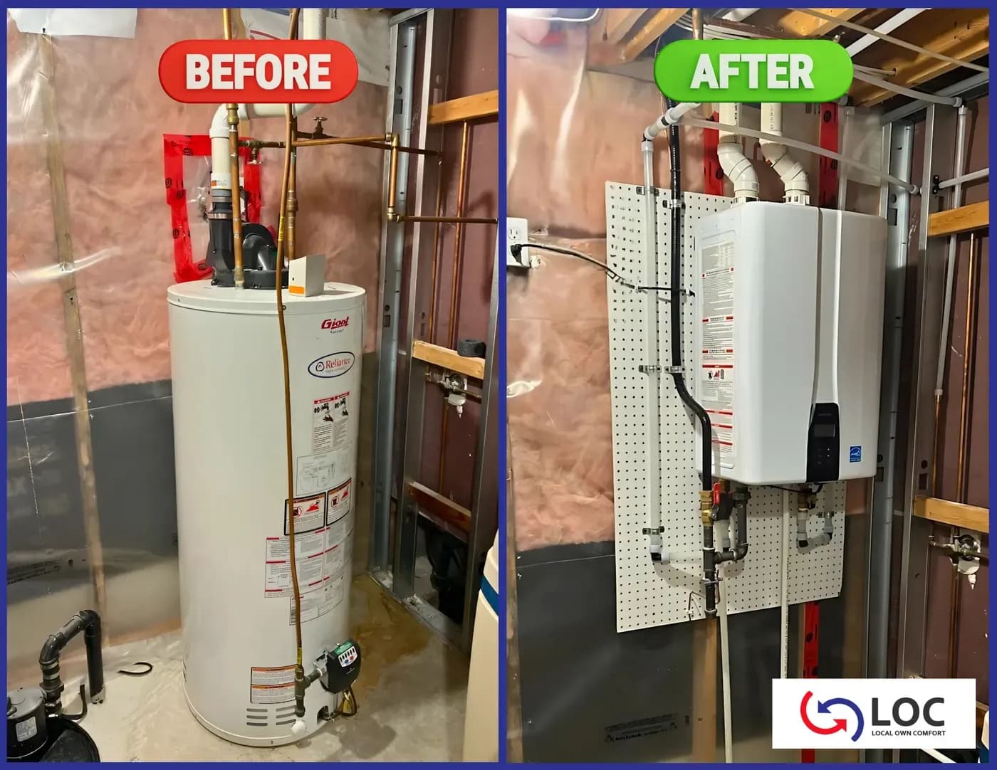 Before and after: rented water tank replaced with an energy-smart tankless system